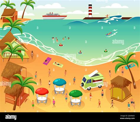 A Vector Illustration Of People Having Fun On The Beach During Summer