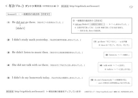 一般動詞の過去形否定文 まとめプリント ダントツ英文法 無料の説明動画 英語ブロック