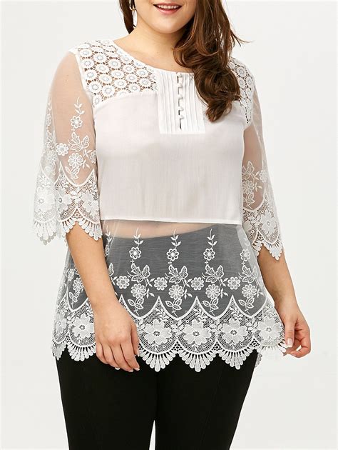 41 Off 2021 Plus Size Pintuck Cutwork Lace Trim Blouse In White