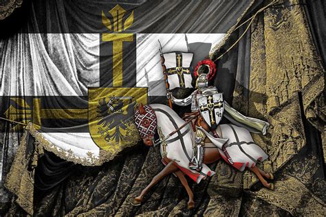 Teutonic Knight Rider On Horseback In Front Of The Teutonic Flag