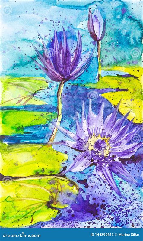 Abstract Watercolor Illustration Of Purple Water Lilies On The Surface