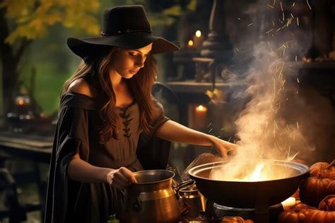 Premium Ai Image A Woman Dressed As A Witch Cooking A Magical