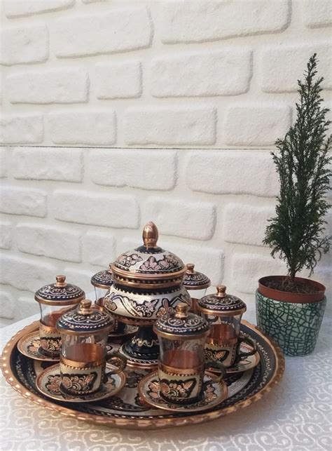 Turkish Copper Handmade Copper Tea Set Embroidered Tea Cup Etsy