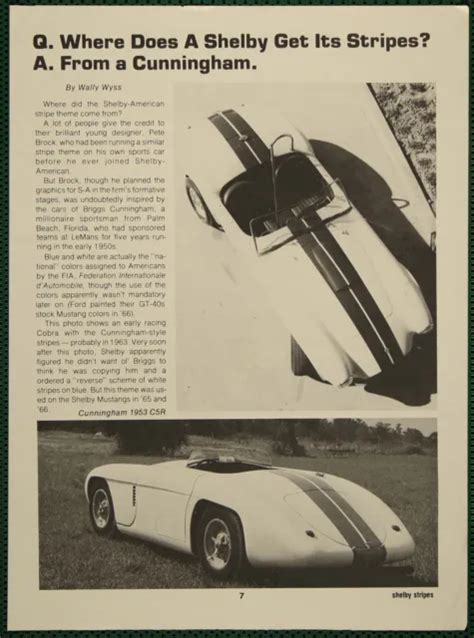Shelby American Stripes Briggs Cunningham Vintage Pictorial Article