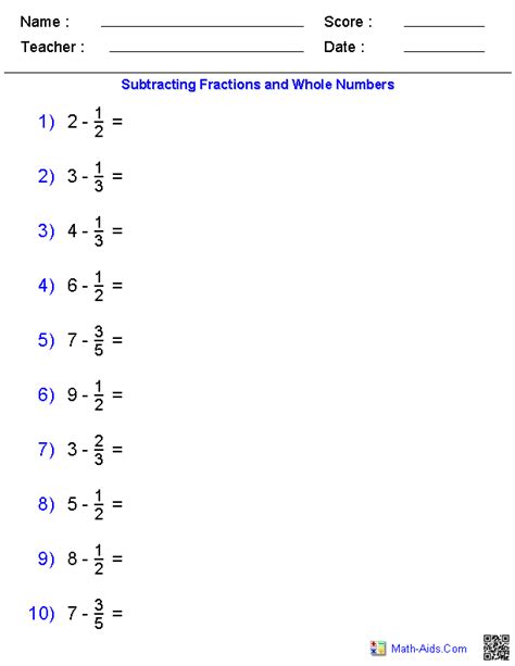 Whole Numbers Minus Fractions Worksheets