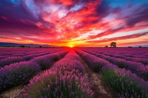 Premium Ai Image Lavender Field With Dramatic Sunset The Sky Bursting