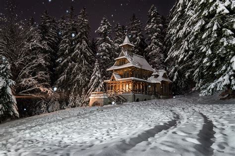 Church In Snowy Winter Forest At Night