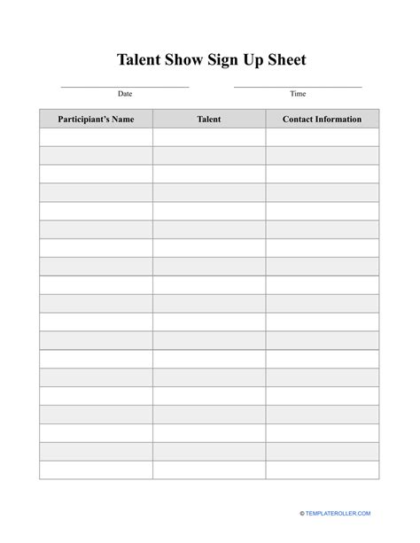 Talent Show Sign Up Sheet Template Grey Download Printable Pdf