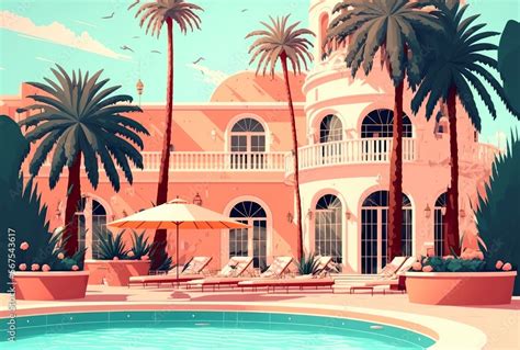 Cartoon Illustration Outdoor Swimming Pool In A Hotel And Sun Loungers By The Empty Pool Ai
