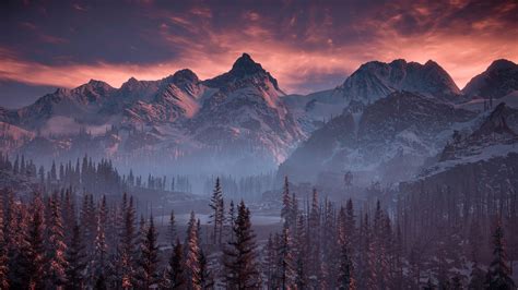 Horizon Zero Dawn Snow Mountains Video Games Landscape Sunset