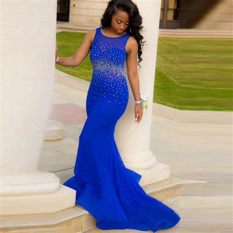Sexy Royal Blue Mermaid Beads Prom Dresses 2016 Open Back Long Sweet 16