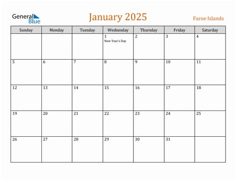 January 2025 Calendar With Faroe Islands Holidays