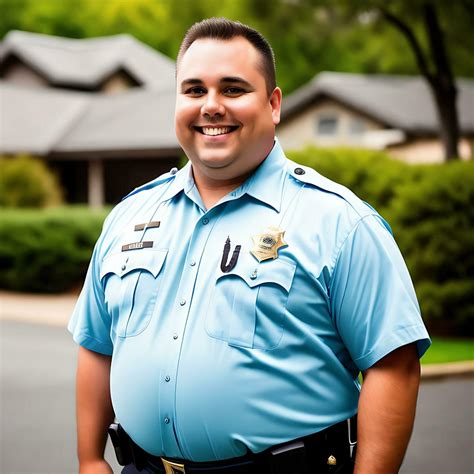 Fat Police Officer With Neighborhood Background Realistic Illustration