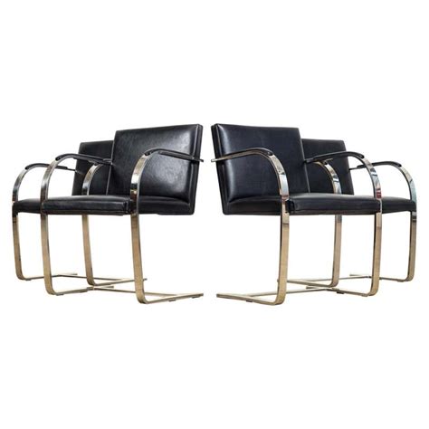 Mies Van Der Rohe Knoll Brno Flat Bar Black Leather And Chrome Chairs