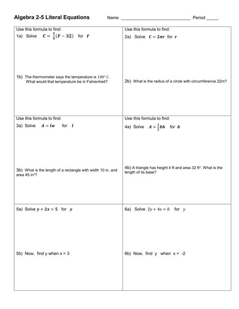 Literal Equations Worksheet Answer