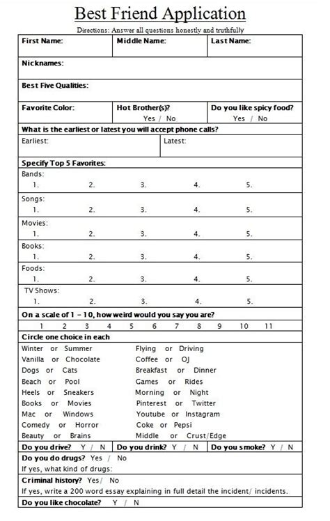 Feel Free To Fill One Out Best Friend Application