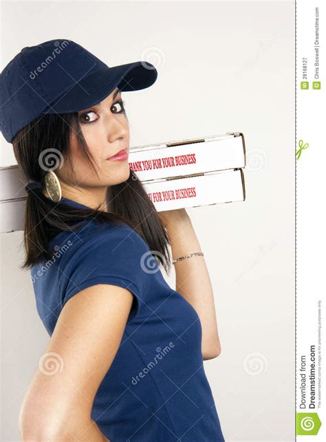 pizza dinner delivered by beautiful female driver stock image image of italian uniform 28168127