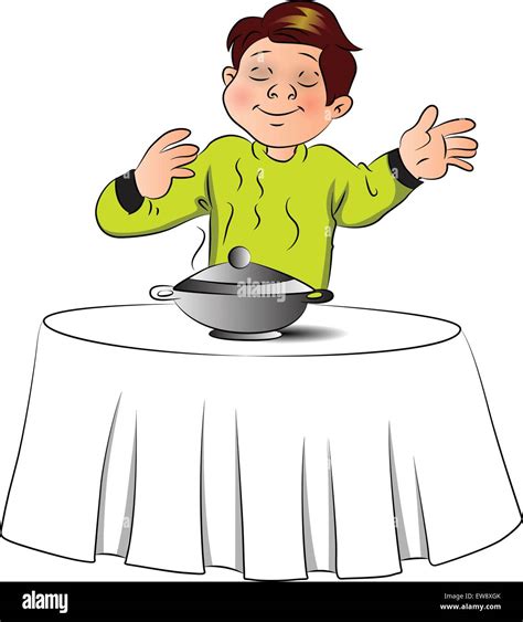 Vector Illustration Of Pleased Boy Smelling The Food In Bowl Over Table