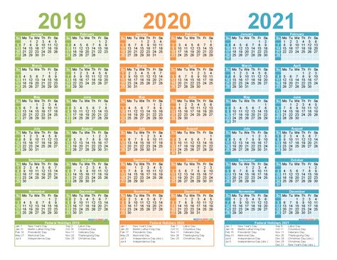 2019 2020 And 2021 Free Printable Calendar With Holidays