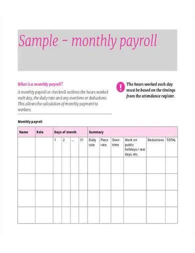 Monthly Payroll Sample Format Hq Printable Documents Images And