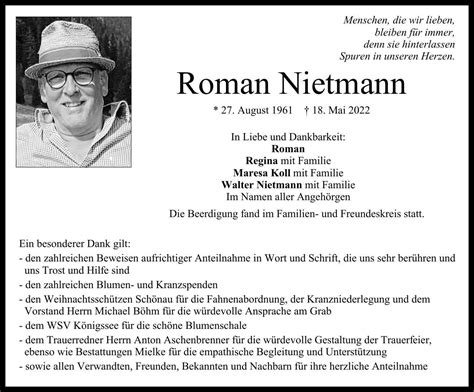 Trauer Nietmann Romann T D Anzeigen Aus Ihrer Heimatzeitung Im