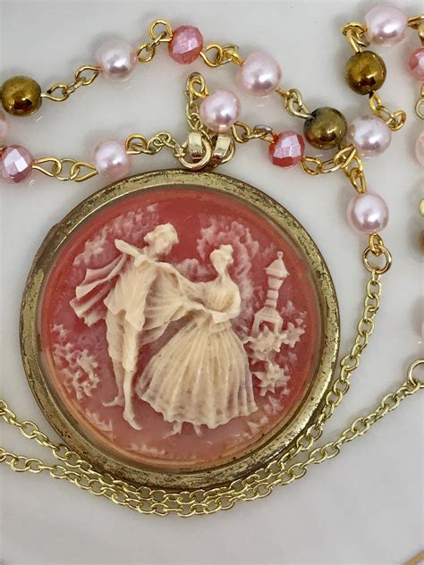 Stunning Vintage Pink Cameo Compact Cover Beaded Necklace Etsy Victorian Jewelry Necklace