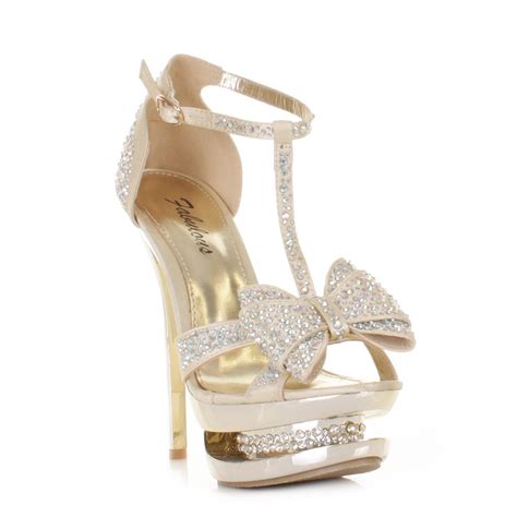 Womens Gold Satin Diamante Platform Bow Prom Shoes Stiletto High Heels