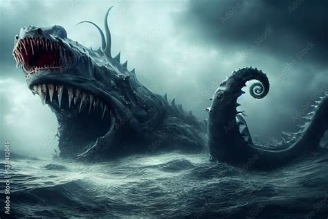 Giant Sea Monster Terrifying Squid Alien Paintning Ilustración De