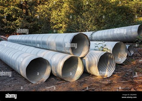 Stormwater Pipes Large Corrugated Metal Culvert Pipes In Field