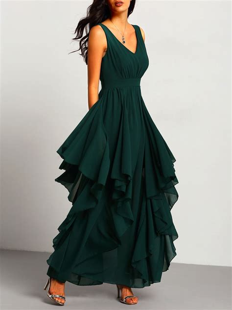 Green Deep V Neck Maxi Chiffon Dress Sheinsheinside Elegant Prom