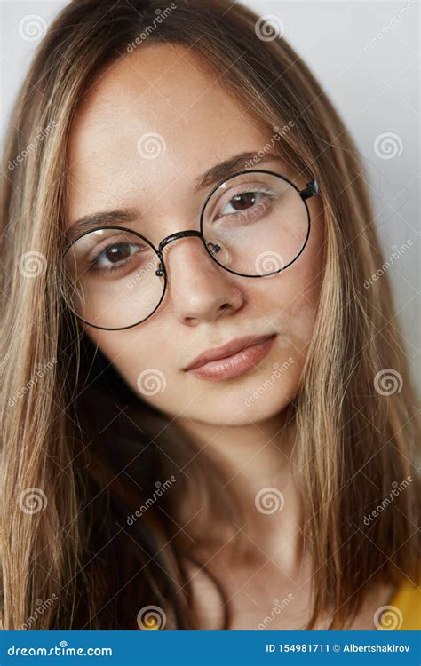 pleasant good loking girl wearing stylish round glasses stock image image of health acid