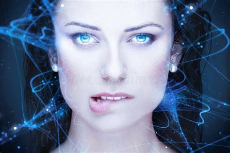 Futuristic Realistic Robot With Blue Glowing Eyes Biting Lips Stock