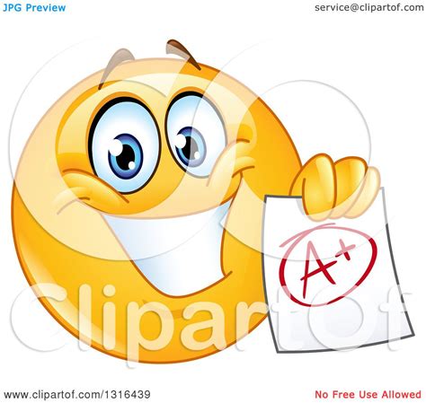 Clipart Of A Smart Happy Yellow Emoticon Smiley Face Holding An A Plus