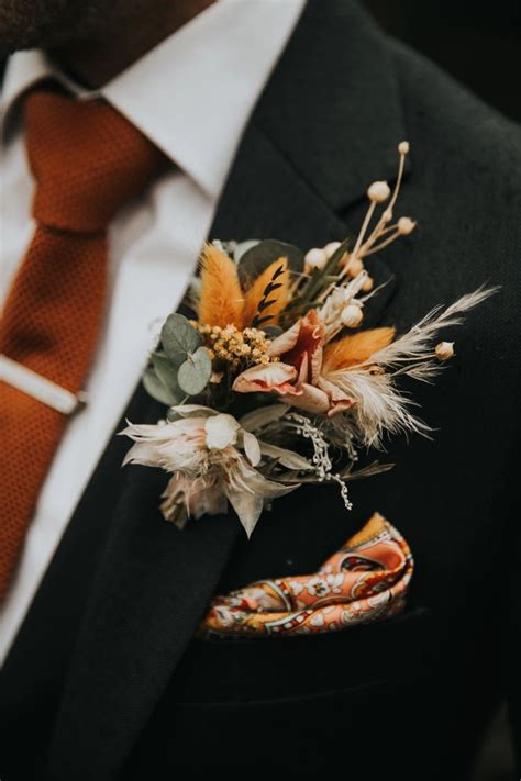 Dried And Fresh Flower Groom Buttonhole For A 70s Bohemian Creative