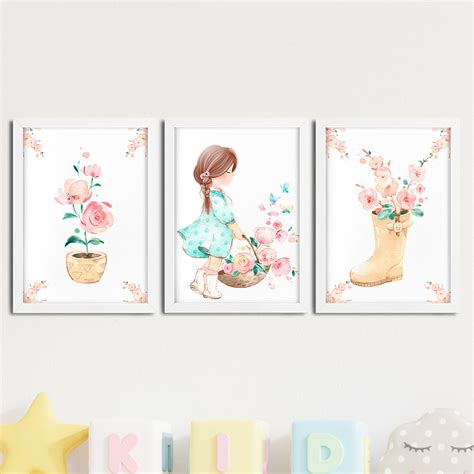 Kit 3 Quadros Infantil Menina Aquarela Flores 30 Aq No Elo7 Quadros