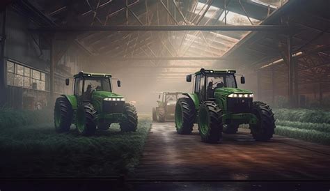 Premium Ai Image Two Green Tractors Driving In An Agricultural Indoor