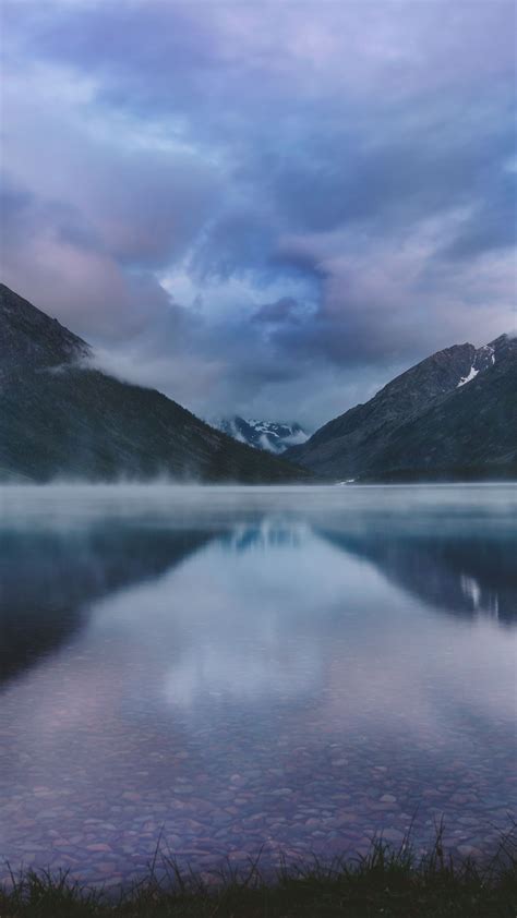 Download Wallpaper 1350x2400 Mountains Lake Fog Clouds Altai