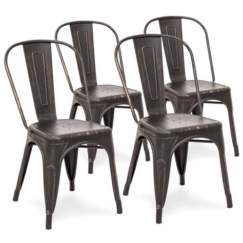 Set Of 4 Industrial Metal Dining Chairs Distressed Bronzed Black