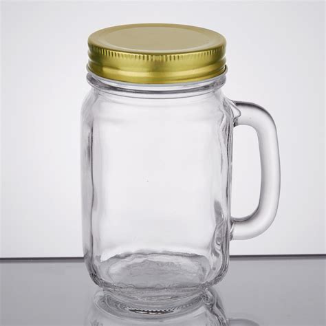 Core 16 Oz Mason Jar Drinking Jar With Handle And Gold Metal Lid