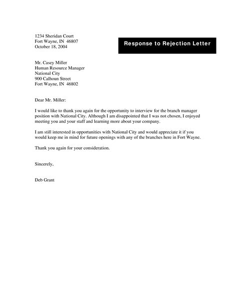 Rejection Response Letter For Other Opportunities Templates At