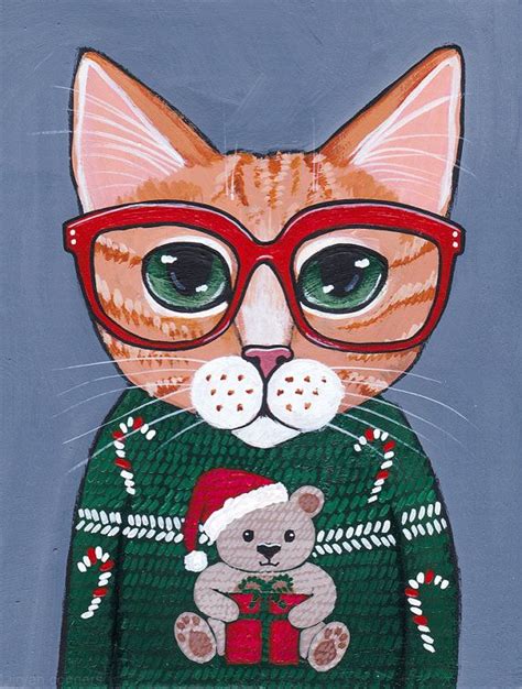 Cat In Ugly Christmas Sweater Original Folk Art By Kilkennycatart Folk