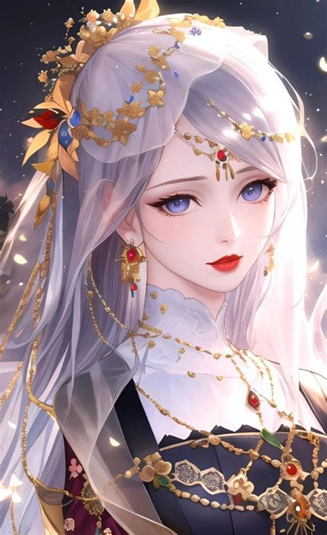 an anime girl with long white hair and blue eyes wearing gold jewelry standing in front of a