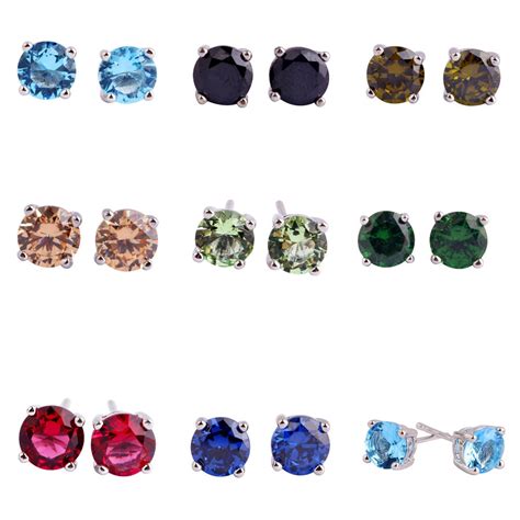 Women Earrings Jewelry Multi Color Stone Round Cut Silver Color Stud