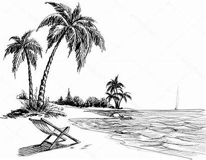 Beach Sketch Pencil Drawing Drawings Vector Sketsa