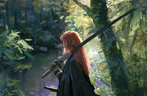 Weapon Trees Redhead Fantasy Girl Nature Forest Girls With Swords Sword Women Women