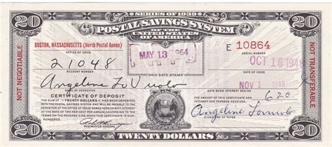 20 Series Of 1939 Postal Savings System Certificate Paid Boston Ma