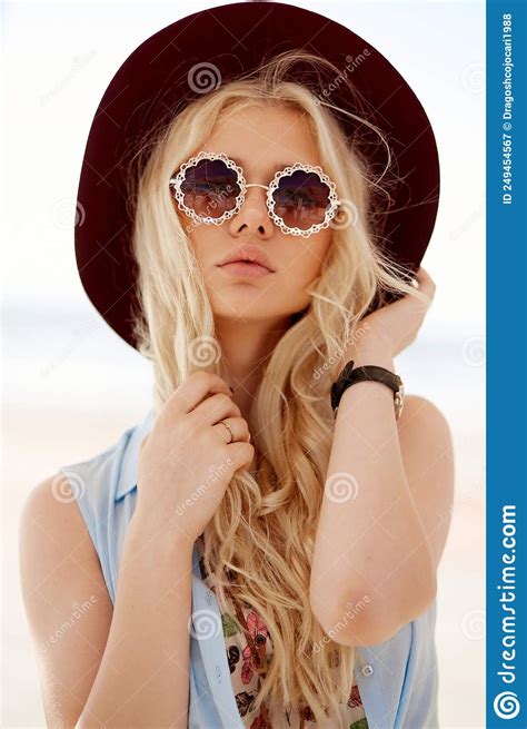 Closeup Front Portrait Of A Girl With Blonde Hair Wear Round Eyeglasses