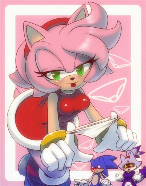 Sonic The Hedgehog Is Holding A Knife In Front Of Two Other Cartoon Characters On A Pink Background
