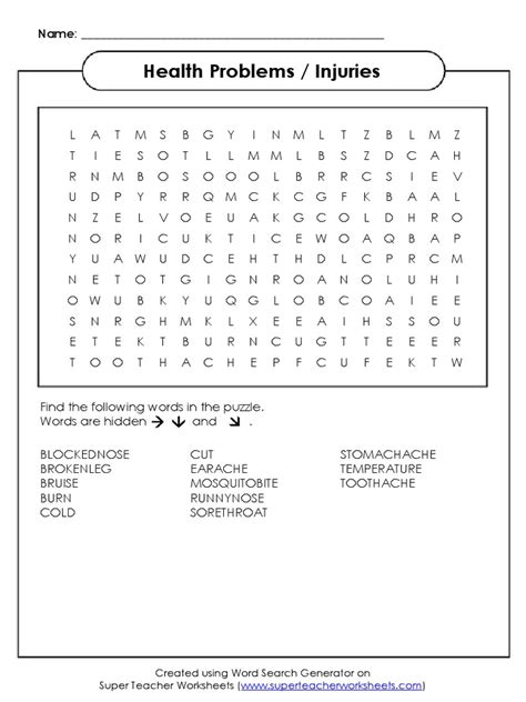 Health Problems Injuries Wordsearch Pdf Word Search Puzzles