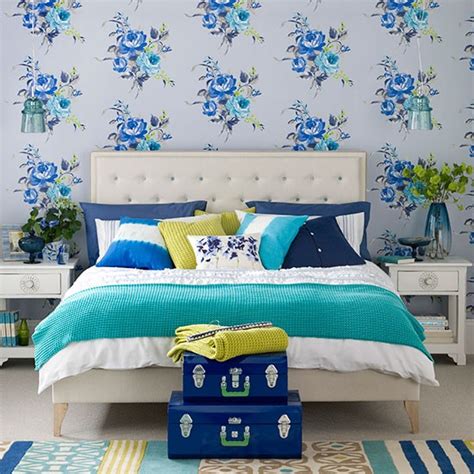 Modern Blue Bedroom With Floral Wallpaper Bedroom